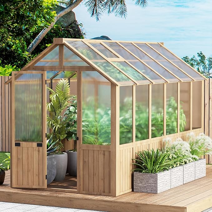 EBE 6'x12' Wood Greenhouse Walk-in Greenhouse Outdoor with Polycarbonate Panel Garden Greenhouses with Adjustable Roof Vent for Patio Yard and Backyard