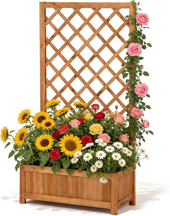 Wooden Raised Garden Bed with Trellis 47 Outdoor Planter Box for Climbing Plants Vertical Warm Brown Garden Planter for Vegetables Flowers &amp Vines Lattice Plant Support for Patio Yard Balcony