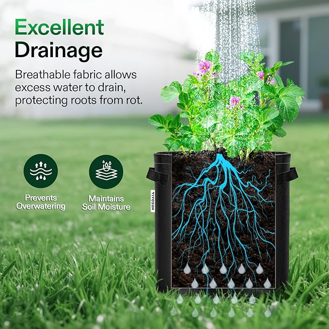 VIVOSUN 5-Pack 7 Gallon Potato Grow Bags Fabric Pots With Handle and Roll-up Window Planter Containers for Growing Potatoes Black