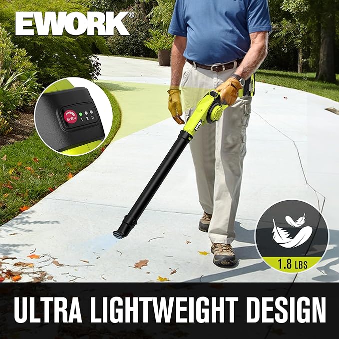 EWORK Lightweight Leaf Blower Cordless 21V 130CFM &amp 200MPH Mini Electric Leaf Blower with Battery and Fast Charger Battery Powered Small Blower for Jobsite Patio Cleaning Lawn Care