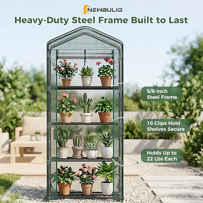 NEWBULIG 4-Tier Mini Greenhouse for Outdoors Small Green House with Sturdy Frame and Durable Green PE Cover Portable Greenhouse for Outside and Indoor Use 27.17 x 19.29 x 63.4 Inches