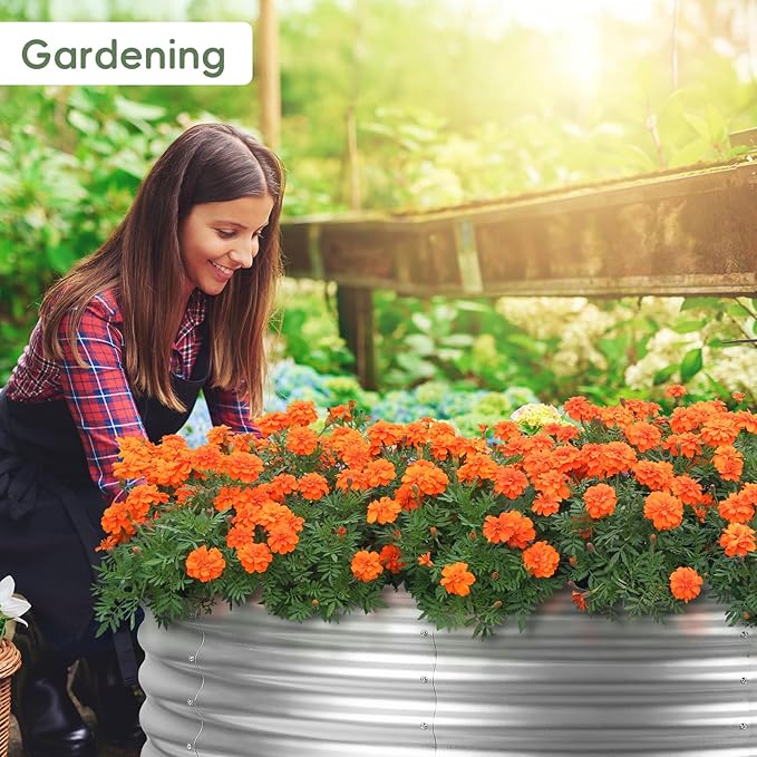 4×4×1FT Galvanized Raised Garden Bed Outdoor Steel Fire Pit Ring Flower Planter Large Round Planter Box Elevated Metal Raised Beds for Gardening Flower Bed Galvanized Tub for Vegetables Fruits