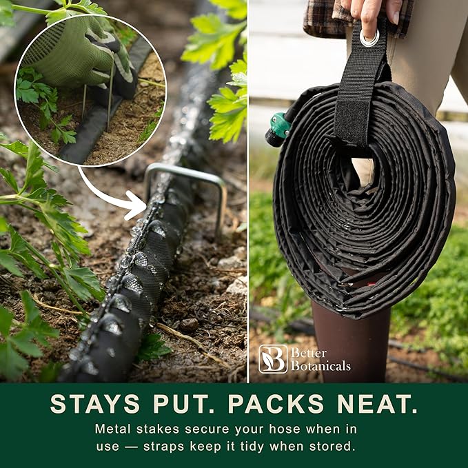 100 FT Flat Soaker Hose (2 × 50 FT) – Connectable Drip Irrigation Soaker Hose for Garden Beds Trees &amp Landscaping – Includes Stakes &amp Storage Straps