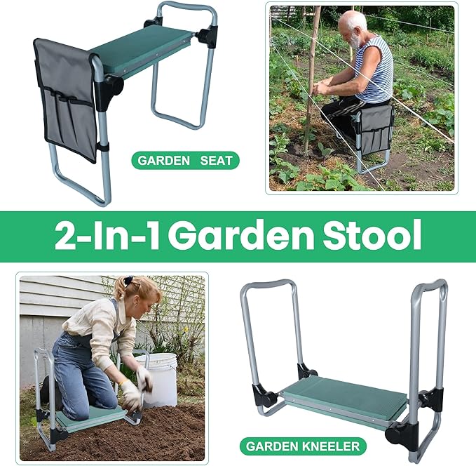 Upgrade Garden Kneeler and Seat Stool Foldable Heavy Duty Garden Bench Workseats with Tool Pocket and Soft EVA Kneeling Pad for Senior Gardening Lovers Green (Wider)
