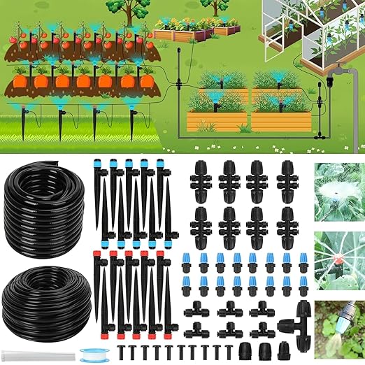 250FT Drip Irrigation Kit – 2026 New Quick-Connect Micro Irrigation System with 1/4'' 1/2'' Tubing Locking Nozzle Emitters Adjustable Misting Sprayers for Gardens LawnsRaised Beds and Greenhouses