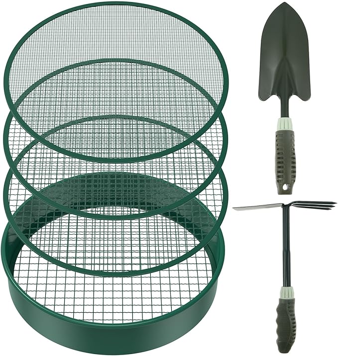 Soil Sifter for Gardening 12 Inch Dirt Garden Sieve Soil Sifter with 4 Replaceable Fine Screens and 2 Gardening Tools Rock Sieve Sifter Soil Sieve Sifter Set Sifting Pan