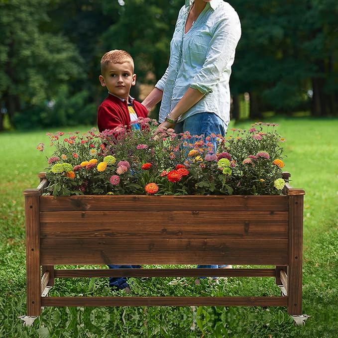 Raised Garden Bed 41x21x20-inch Mobile Elevated Wood Planter Lockable Wheels Outdoor Wood Elevated Planter Box Kit Customized for Children（Brown）