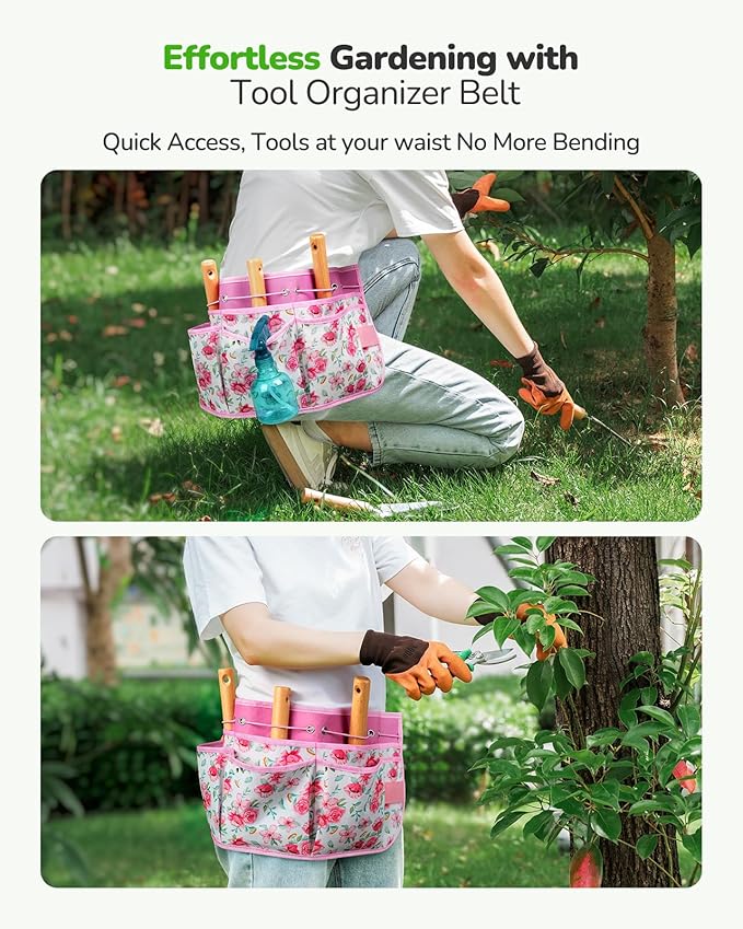 All-in-One Garden Tool Set with Tools Organizer Belt Adjustable 10-Piece Gardening Hand Tools Long Lasting Rust-Proof Premium Garden Tool Kit Gardening Gift for Women Men (Pink)
