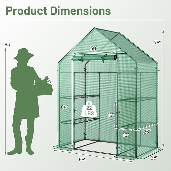 Happygrill Walk-in Greenhouse Potable Greenhouse with Roll-up &amp Zippered Door PE Cover 4 Tier 8 Mesh Shelves for Plants Herb and Flower Greenhouses for Outdoors Patio Lawn Yard 56 x 28x