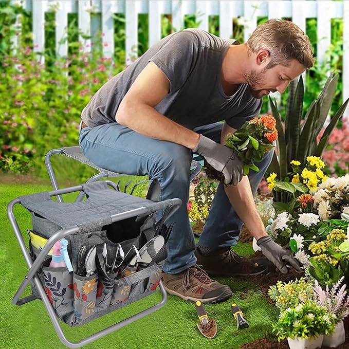 MDSTOP Folding Gardening Stool with Detachable Storage Tote Bag Gardening Tools Set Organizer for Fishing Outdoor Sports Hiking Camping Garden Gardening Gifts for Mom/Dad Without Tools (Aluminum)