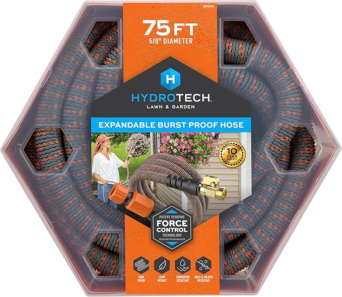 HydroTech 75 ft Expandable Garden Hose - Burst Proof &amp Lightweight Flexible Water Hose with Durable Reinfordced Latex Core &amp Solid Brass Fittings for Lawn Garden Car Washing