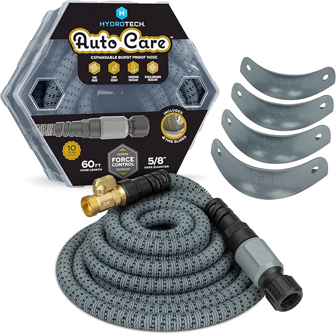 Hydrotech 60 ft Garden Hose – Patented Force Control Burst-Proof Lightweight Flexible No-Kink Design 5/8 4 Tire Hose Guides Ideal for Car Wash &amp Automotive Care