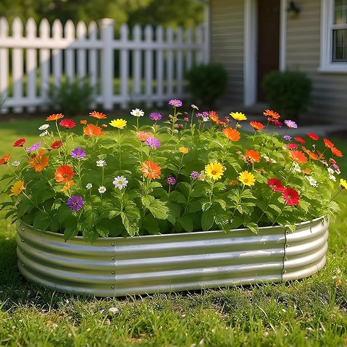 PayLessHere 6x3x1FT Galvanized Garden Bed Outdoor Elevated Raised Garden Bed Vegetables Flowers Garden Bed Galvanized Steel Garden Planter Box Oval Raised Bed Kit Silver