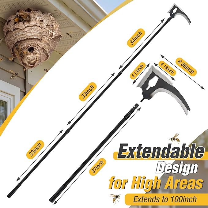 3 PCS Wasp Nest Removal Tool Set 100 Inch Extendable Pole with 3-Edge Scraper Beekeeper Hat &amp Leather Gloves for Safe Removal of Hornet Wasp &amp Bee Nests