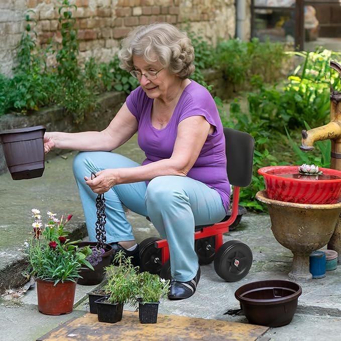 Rolling Garden Work Seat Outdoor Rolling Garden Scooter with Adjustable Seat and Backrest Lawn Yard Stool with Wheels for Gardening Planting (Red)