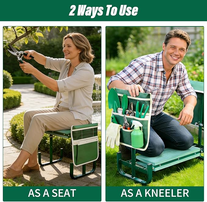 Adjustable Garden Kneeler and Seat Foldable Garden Kneeler and Seat with Wider Kneeling Pad and 2 Tool Pouches Height Adjustable Heavy Duty Gardening Stool