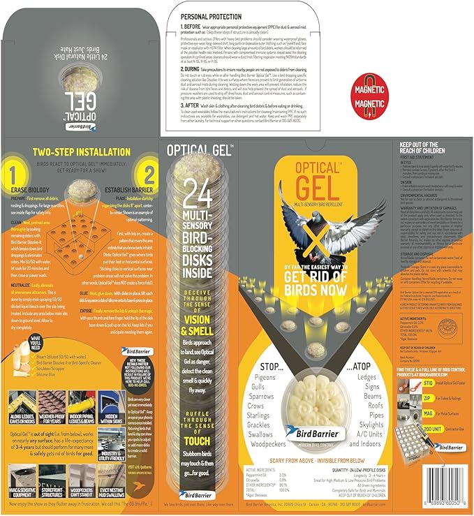 Bird Barrier Optical Gel 24 Pack | Natural Multisensory Bird Deterrent | Easy Installation | Discreet Appearance | Long-Lasting Solution | Repels Birds on Roofs Beams Signs Soffits Ledges and More