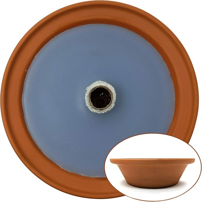 Hyoola 5 Hour Outdoor Firebowl Candle - Unscented Large Flame Wick in Terra Cotta Bowl - Insect and Mosquito Repellent Effect - for Table Patio Yard Camping Outdoors - Blue.