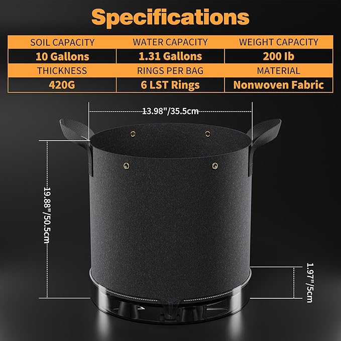 Self-Watering Grow Bags 5-Pack 10 Gallon 420G Thick Nonwoven Fabric Pots with Reinforced Handles and Multi-Purpose Rings for Low Stress Plant Training Fruits Vegetablesand Flowers
