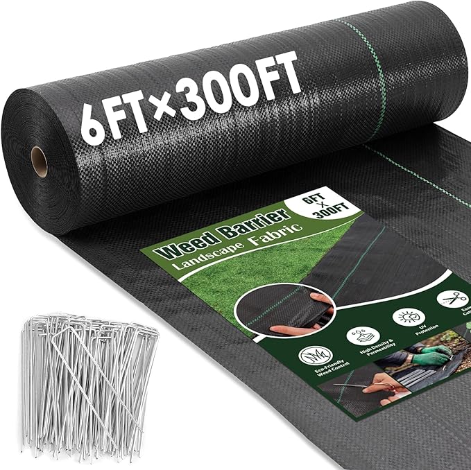 HongWay 6FT x 300FT Weed Barrier Landscape Fabric Heavy Duty Woven Geotextile Weed Blocker Fabric with 120 U-Shaped Securing Pegs Weed Control Mats Ground Cover for Garden Beds Commercial Driveway
