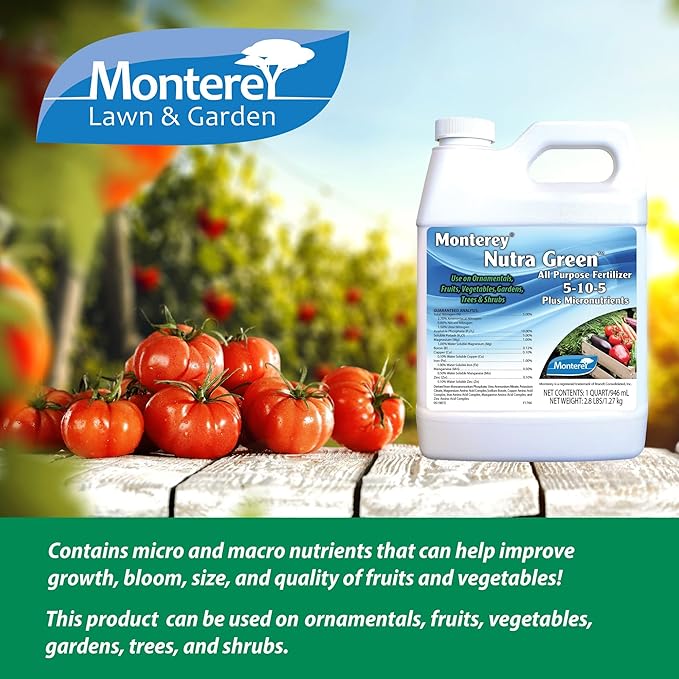 Monterey Nutra Green 5-10-5 + Micronutrients Fertilizer for Ornaments Fruits Vegetables Gardens Trees &amp Shrubs 1 Quart Apply with Sprayer