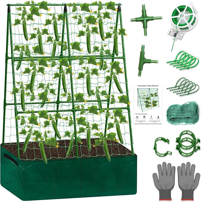 Cucumber Trellis for Garden 34 X 47 Inches A Frame Gardening Trellis with Fabric Raised Garden Bed Climbing Net and Plant Support Clips for Climbing Plants