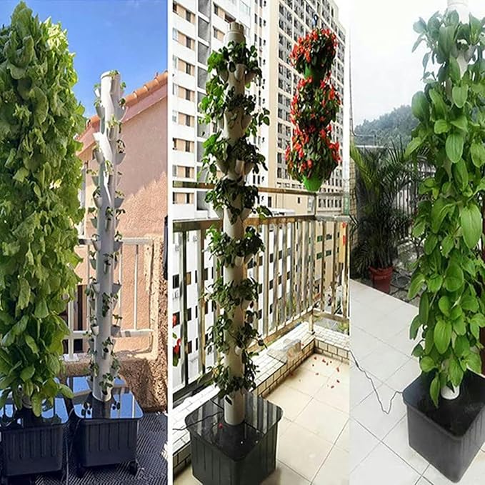 Hydroponics Tower 45 Holes Aquaponics Grow 15 Floors Garden Tower Aeroponics Growing Kit for Fruits and Vegetables Planting (A)