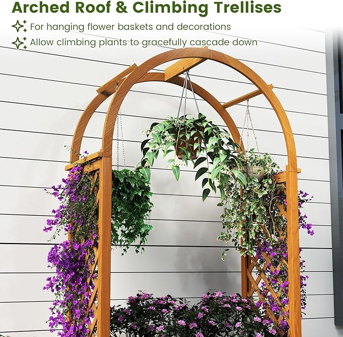 Giantex Raised Garden Bed with Arch Lattice Trellis for Climbing Vine Flower Vegetable Wood Planter Box with Liner &amp Drainage Design Outdoor Plant Container for Yard Balcony (33x15x57)