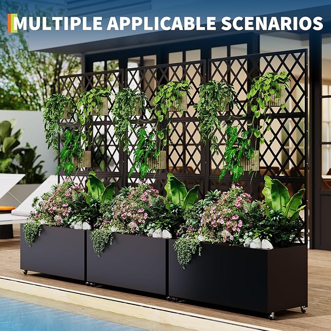 71x46x16 Inch Large Steel Raised Garden Bed Mobile Planter Box with Trellis and Privacy Screen Lockable Casters &amp Drainage Holes Outdoor Vegetable Garden for Vines Flowers Patio Deck Balcony