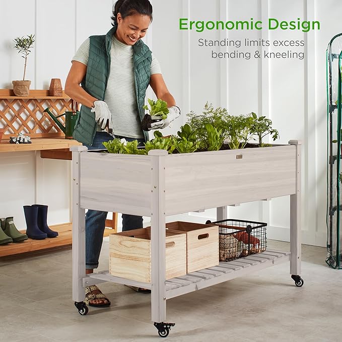 Best Choice Products Raised Garden Bed 48x24x32-inch Mobile Elevated Wood Planter w/Lockable Wheels Storage Shelf Protective Liner - White