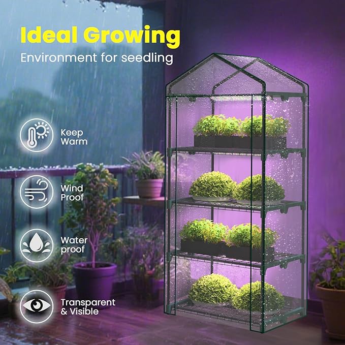 Indoor Greenhouse with Grow Lights 4 Tier 27 L×19 W×62 H Mini Greenhouse with Zippered PVC Cover for Seed Starting Trays Dimmable 2FT 60W Plant Light for Indoor Plants with Timer