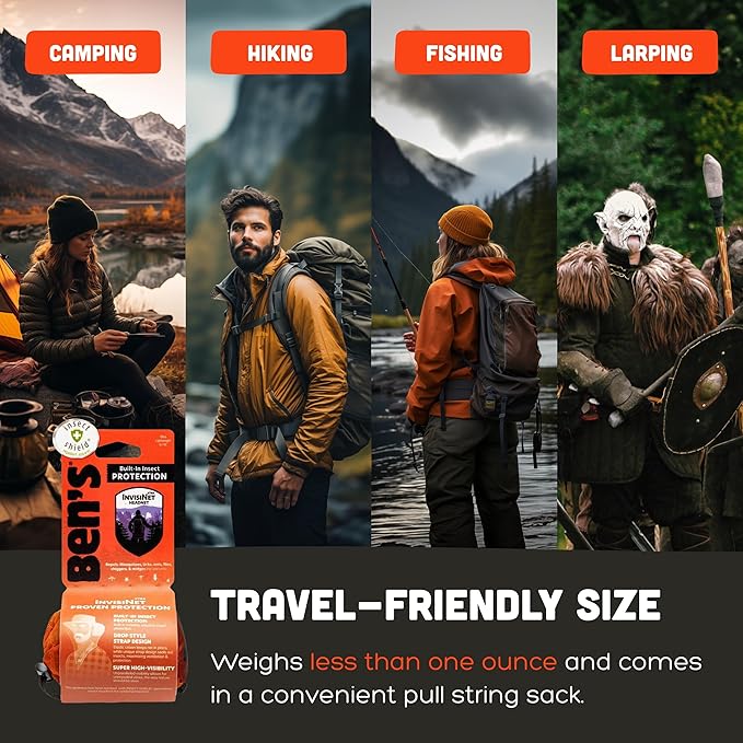 Ben's InvisiNet Xtra with Insect Shield - Comfortable Bug-Repelling Net with Permethrin &amp Drop Neck Design - High-Visibility Head Net with Pull String Sack