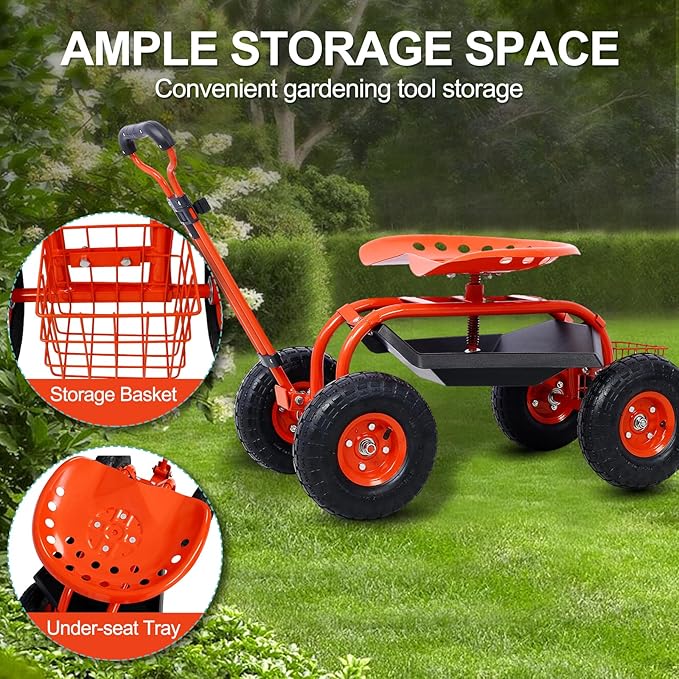 Donext Garden Cart Outdoor Rolling Garden with Wheels 360 Degree Swivel Seat Wagon Scooter with Steering Handle &amp Utility Tool Tray Red