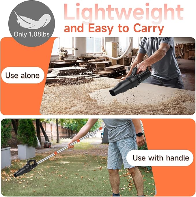 Cordless Leaf Blower with Long Handle - 60 Lightweight Electric Air Broom Blower with 2 Speed Modes for Blowing Leaves Dust and Debris Mini Leaf Blowers for Small Lawn Yard Patio and Corner