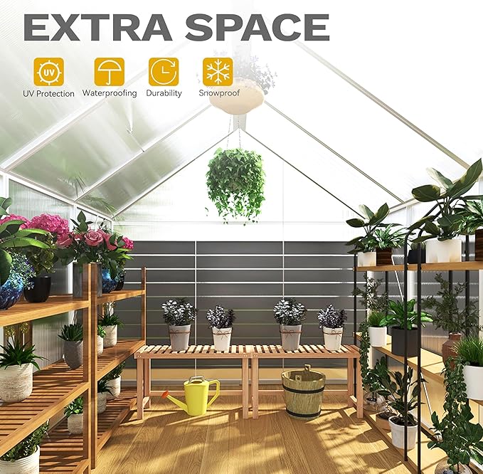 DWVO 6x12FT Polycarbonate Greenhouse for Outdoors Large Heavy Duty Aluminum Greenhouses with Sliding Doors and Vent Window Walk-in Greenhouse for Garden Backyard Easy to Setup Silver