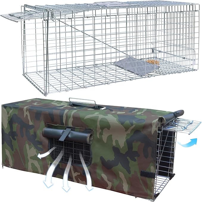 Live Animal Trap Cage with Cover Cat Trap for Stray Cats 32 Inch Heavy Duty Folding Skunk Traps with Real Door for Raccoons Opossums Groundhogs Skunks Feral Cats Squirrels-(32 x 10 x 12 inches)
