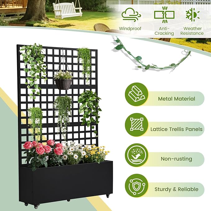 LVUYOYO Metal Raised Garden Bed Planter Box with Trellis &amp Wheels Outdoor Patio Garden Beds Flower Box with Privacy Screen &amp Drainage Holes for Climbing PlantsVegetables Vines