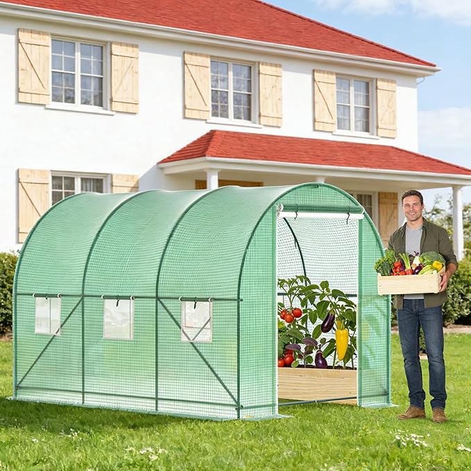 Greenhouses for Outdoors Walk-in Green Houses for Outside Heavy Duty Large Greenhouse with 6 Ventilated Screen Windows &amp Roll-up Door &amp Reinforced Frame (10×7×7 FT Without Irrigation System)