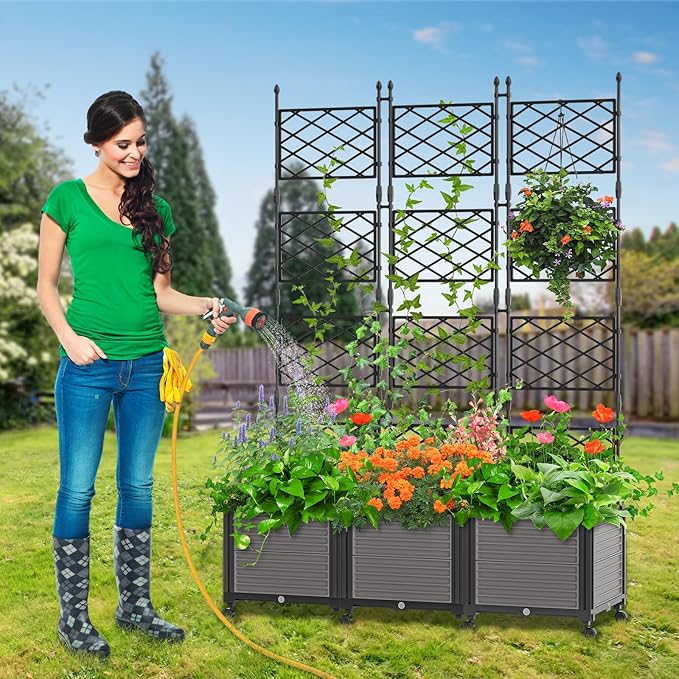 DoCred 63 H Raised Garden Bed Planter Box with Trellis Floorstanding Vertical Horticulture Planter Box Tomato Cage with Wheels for Vine Climbing Plants Flowers Herbs