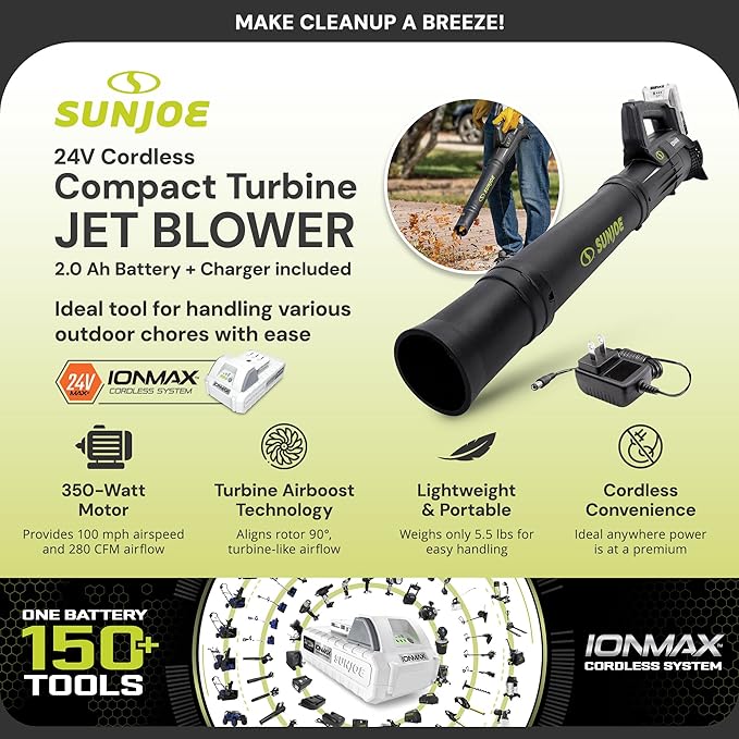 Sun Joe 24V-TB-LTE 24V Cordless IONMAX Compact Turbine Jet Blower 100 MPH Air Speed Battery and Charger Included