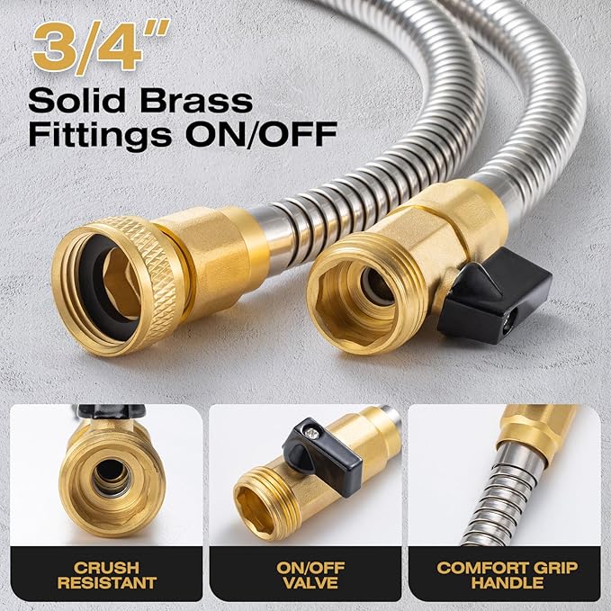 50FT Stainless Steel Metal Garden Hose - Lightweight Kink-Free &amp Tangle-Free Flexible with Brass Fittings On/Off Valve Pet Proof Puncture Proof for Yard RV Car Washing (Silver)