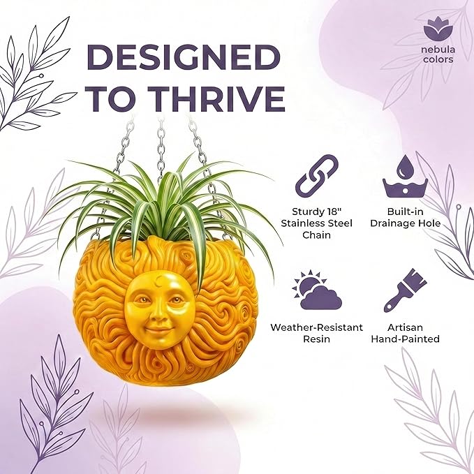 Fun &amp Unique Sun Face Hanging Planter Quirky Celestial Decor for Plant Lovers – Indoor Outdoor Flower Basket for Succulents &amp Small Plants – Decorative Garden Yard Art
