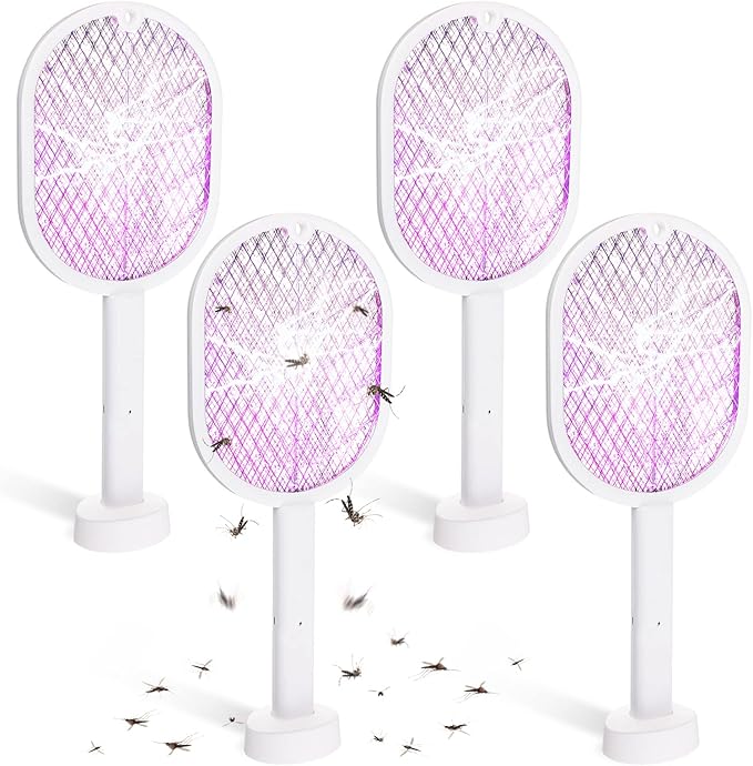 4 Pcs Electric Fly Swatter Bug Zapper Racket 2 in 1 USB Rechargeable Mosquito Racket 3000v High Powered Mosquito Killer for Indoor Outdoor Home Bedroom Kitchen Patio Office Insect