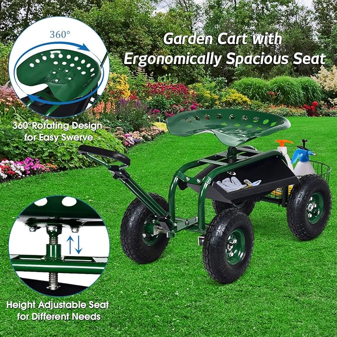 Rolling Garden Cart with Seat Heavy Duty Gardening Scooter w/Wheels Storage &amp Extendable Steering Handle Garden Work Seat for Planting Green