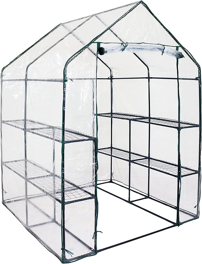 Sunnydaze Portable Outdoor Grandeur Walk-in Greenhouse with 4 Steel Wire Shelves and Roll-Up Door - Clear