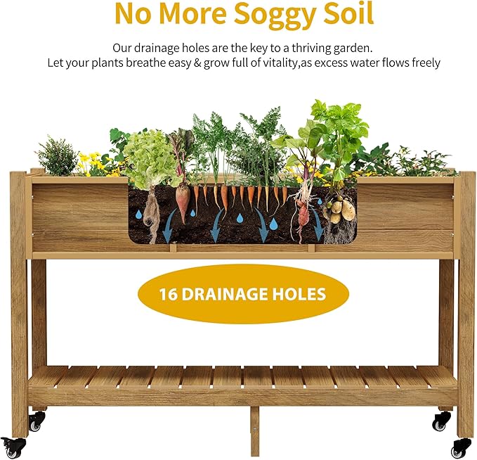 DWVO 47x18x31in Raised Garden Bed Outdoor HDPE with Legs and Lockable Wheels Weather-Resistant Poly-Wood Elevated Planter Box Double Tier Planters for Backyard Patio Balcony Brown