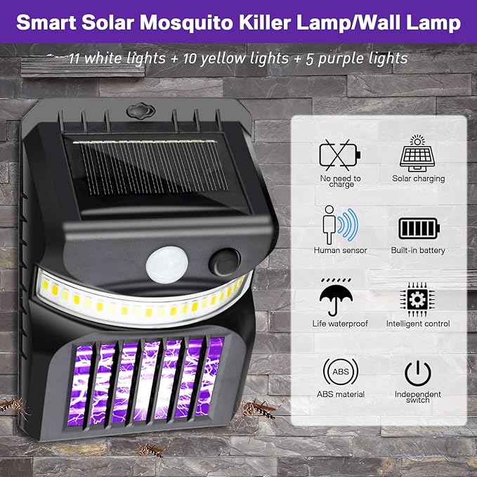 8 Packs Bug Zapper Outdoor 3 in 1 Mosquito Zapper Black Solar Bug Zapper Electric LED Light Mosquito Killer Lamp with Motion Sensor for Outdoor Backyard Patio Camping