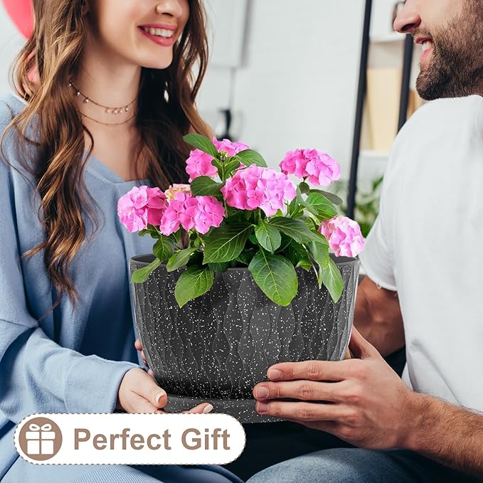 12 Inch Wide Water Ripples Flower Pots for Indoor or Outdoor Plants Large Plant Pots with Drainage Holes &amp Saucer Plastic Planters Set for Garden &amp Home Decor (Black with White Speckles)