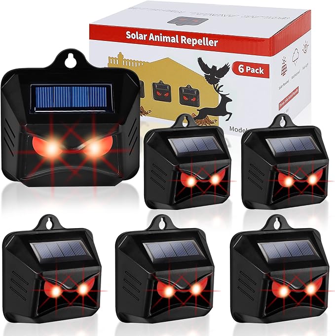 6 Pack Solar Animal Repellent Predator Eyes Animal Deterrent Sentinels with Red LED Blinking Lights Drive Away Raccoon Deer Skunk Cat Coyote from Yard Farm and Chicken Coops