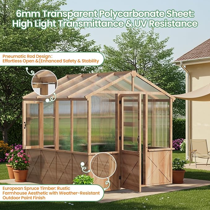 8*9.2*8.2FT Wooden GreenhouseGreen House with Shelves &amp Plant HooksSloped Roof DesignUnique Metal RodEuropean Spruce Frame for Outdoor Garden and Backyard
